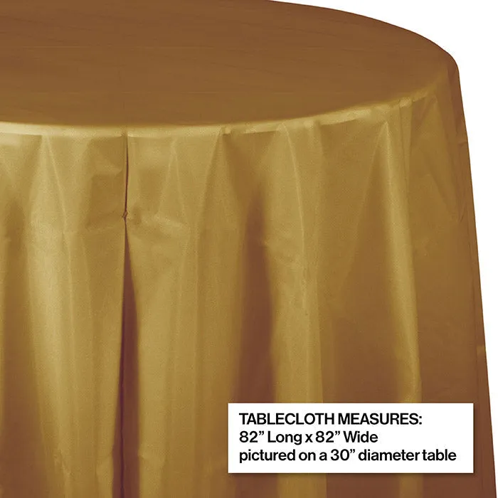 Bulk Glittering Gold Round Plastic 82 inch Table Covers (12 per Case)