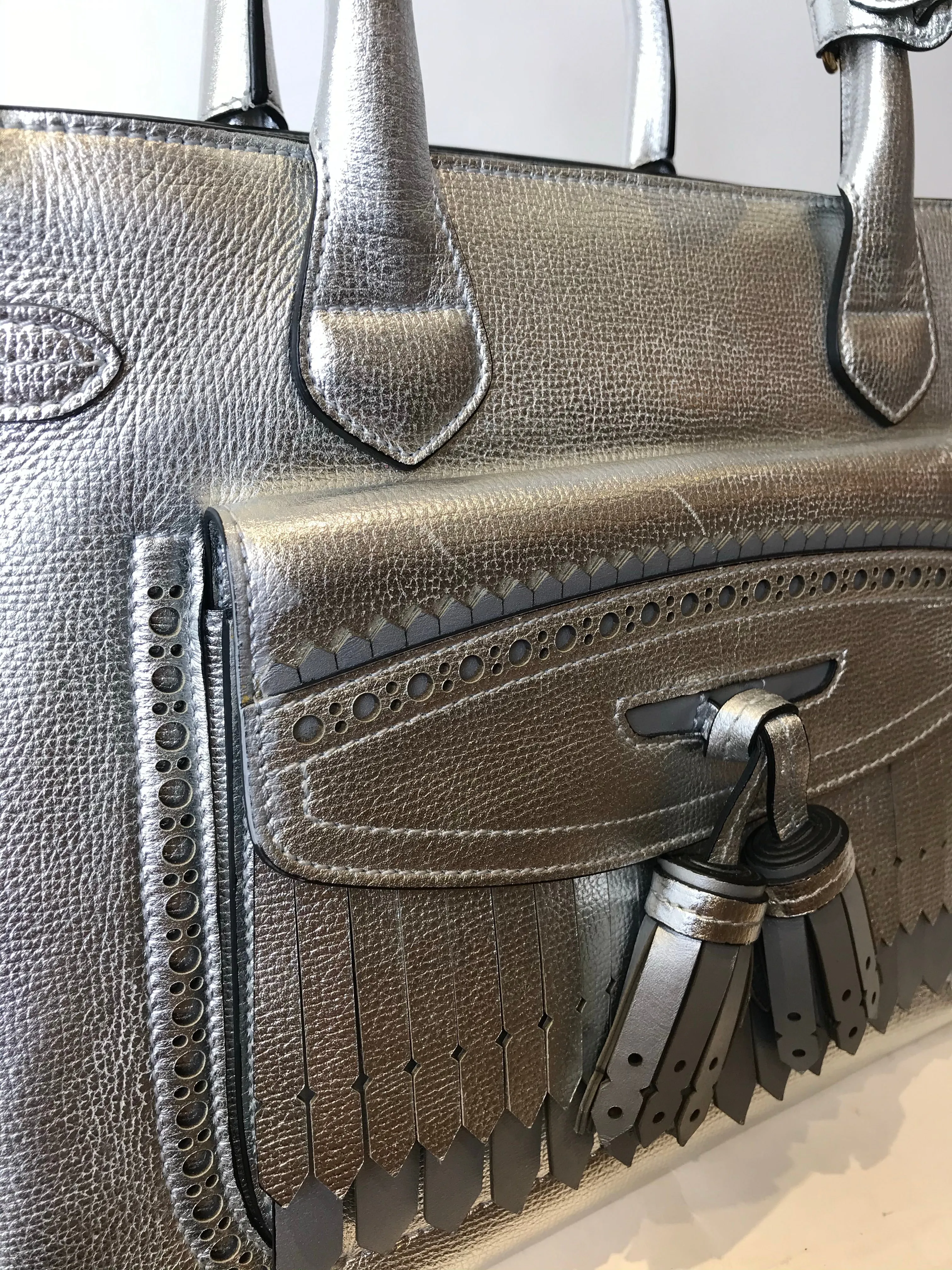 Burberry Silver Metallic Leather "Banner" Tote with Brogue Detailing - As Seen on Instagram 03/02/21