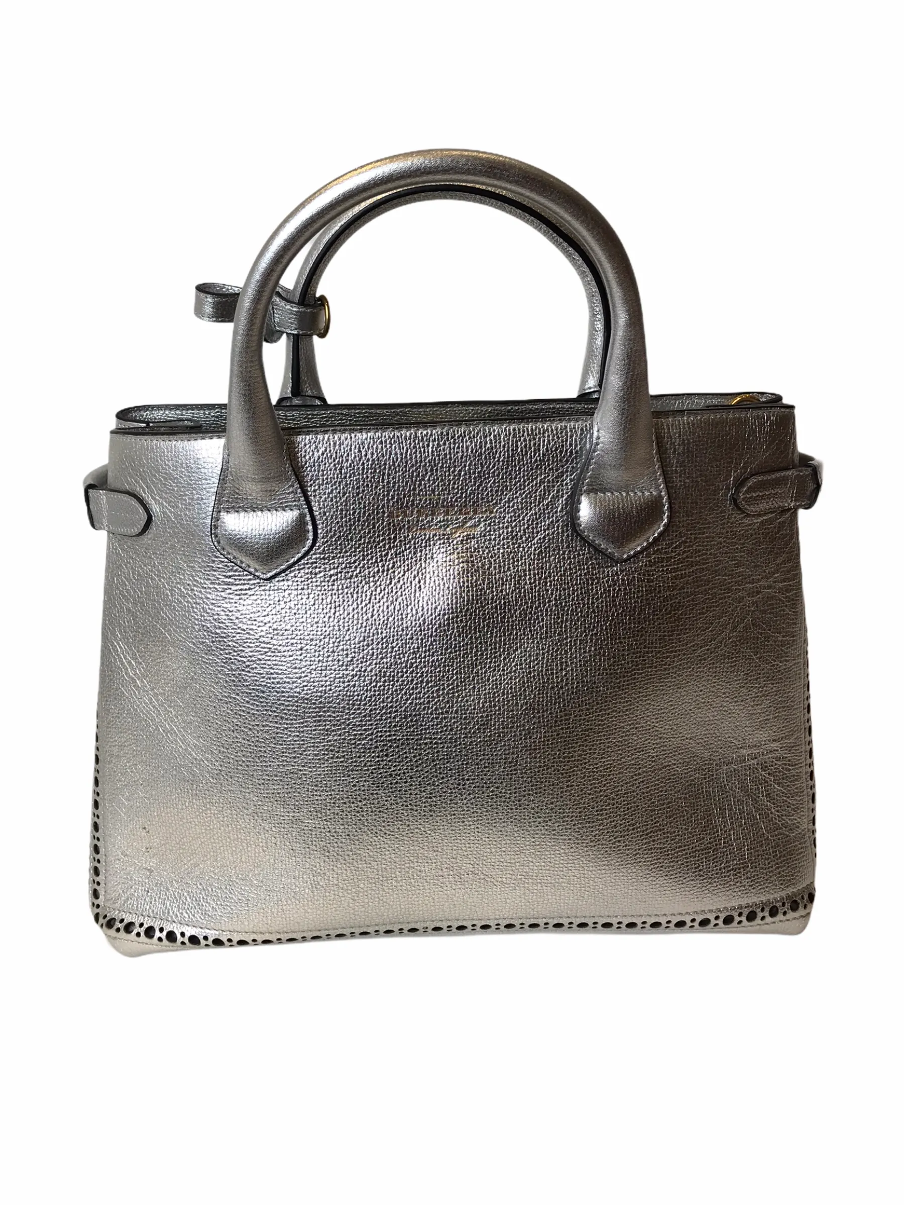 Burberry Silver Metallic Leather "Banner" Tote with Brogue Detailing - As Seen on Instagram 03/02/21