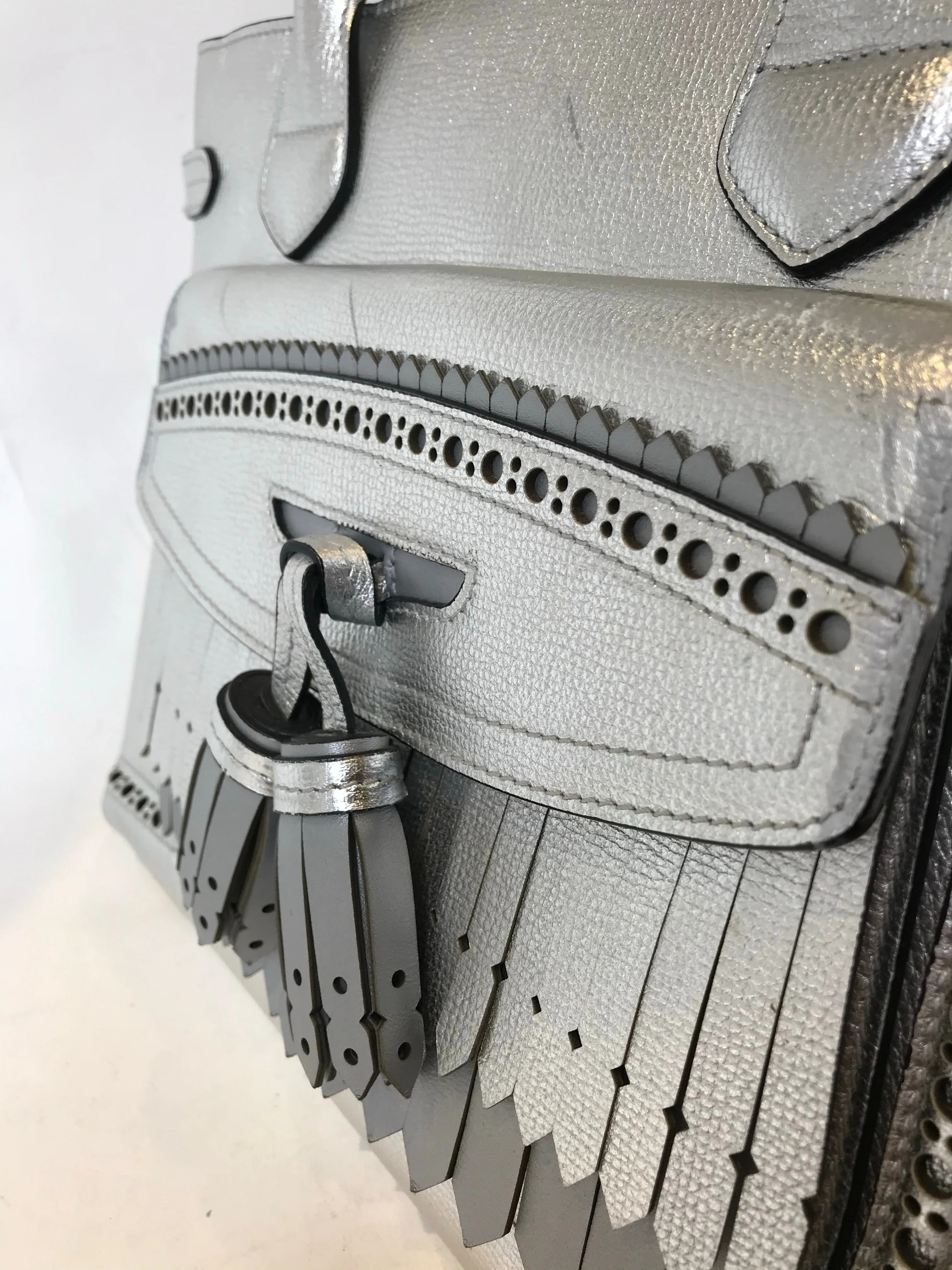 Burberry Silver Metallic Leather "Banner" Tote with Brogue Detailing - As Seen on Instagram 03/02/21