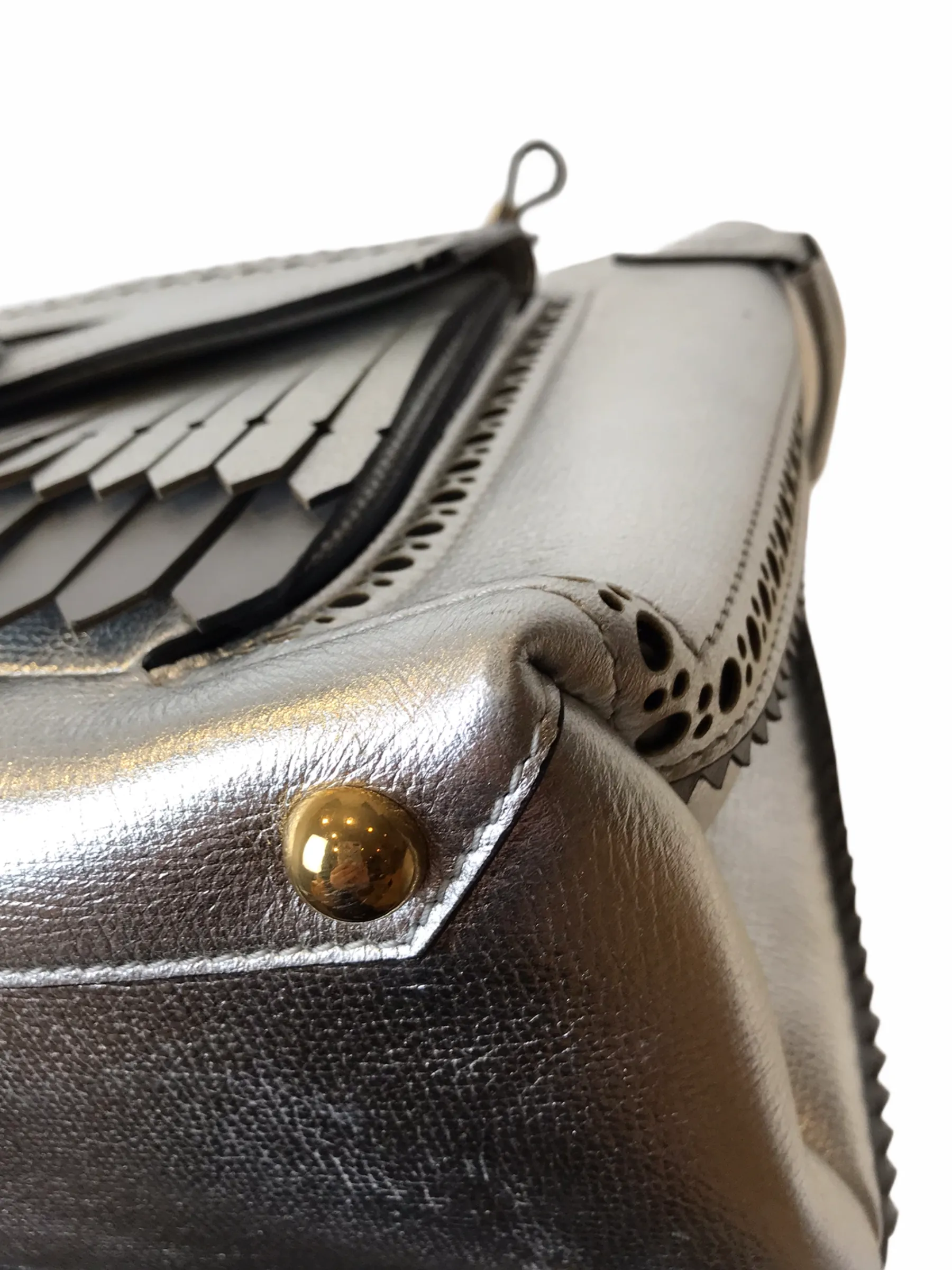 Burberry Silver Metallic Leather "Banner" Tote with Brogue Detailing - As Seen on Instagram 03/02/21