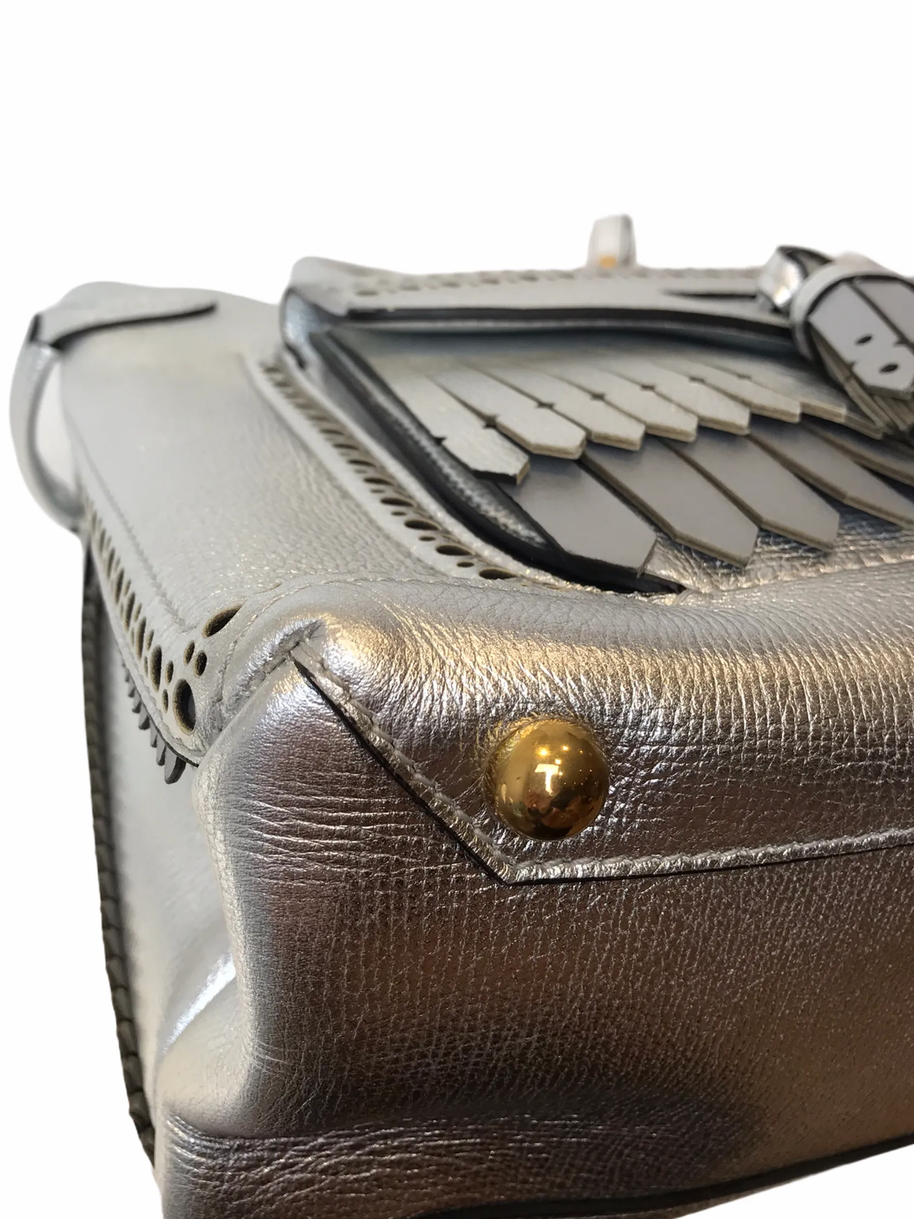 Burberry Silver Metallic Leather "Banner" Tote with Brogue Detailing - As Seen on Instagram 03/02/21