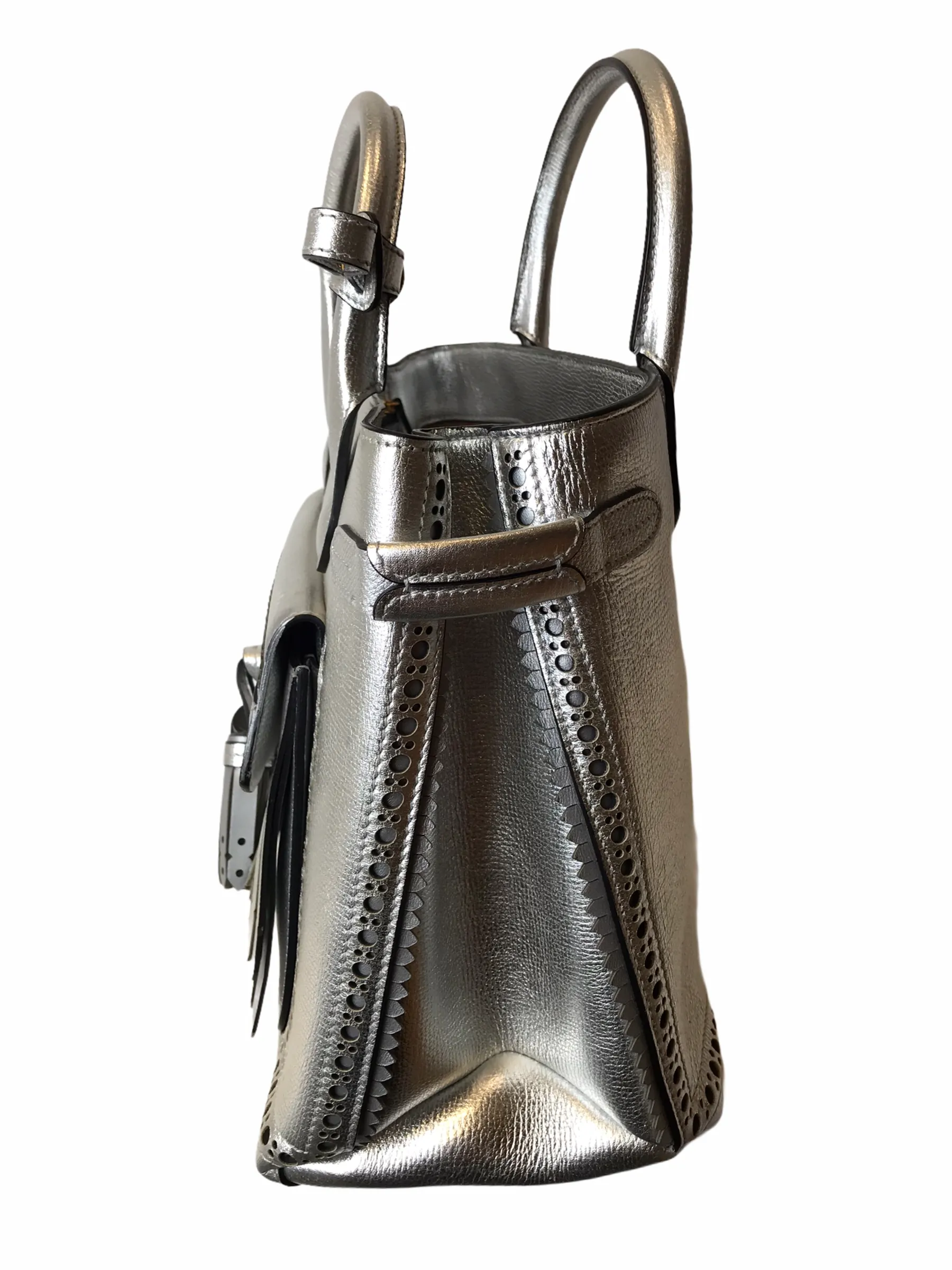 Burberry Silver Metallic Leather "Banner" Tote with Brogue Detailing - As Seen on Instagram 03/02/21