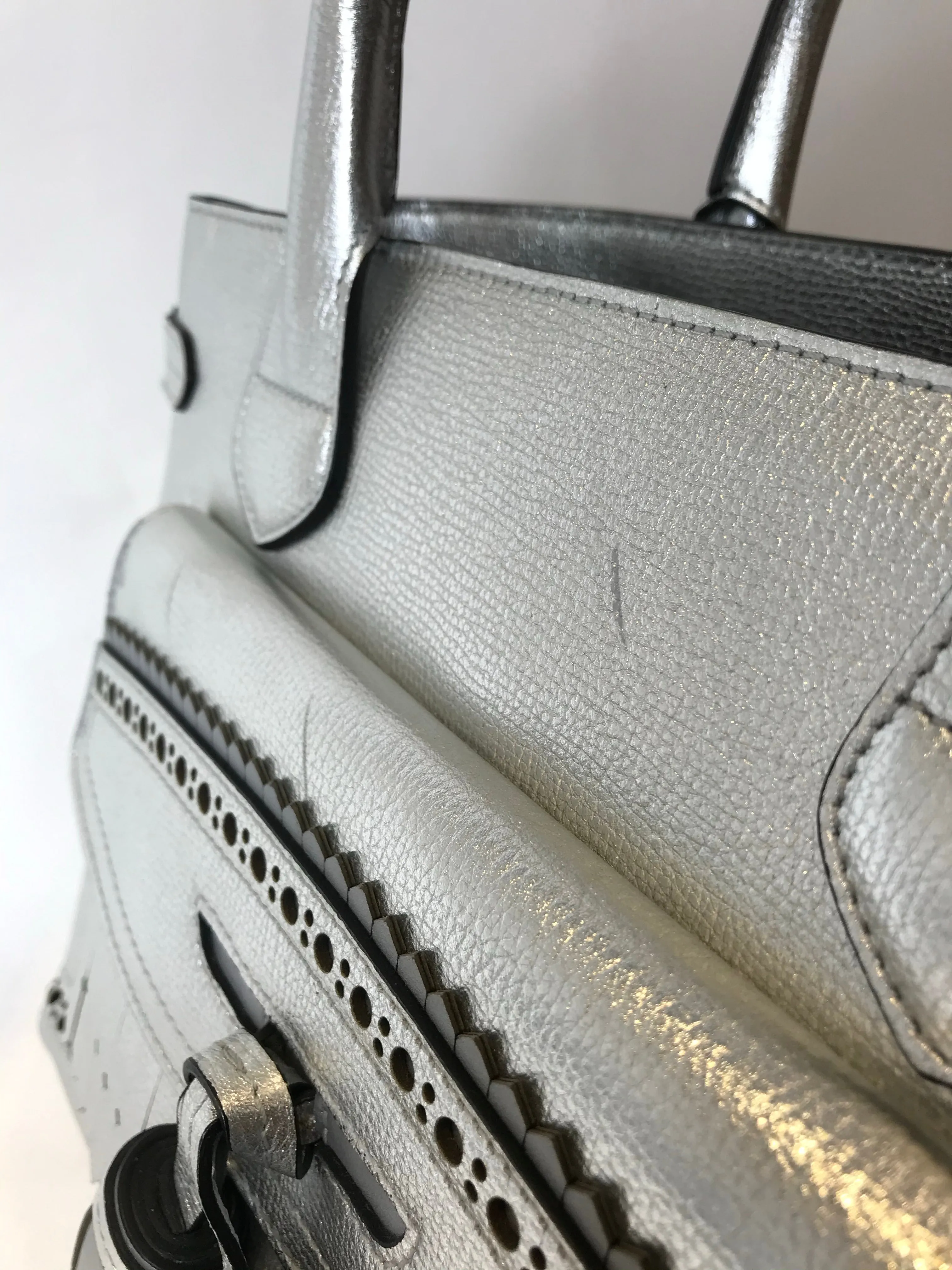 Burberry Silver Metallic Leather "Banner" Tote with Brogue Detailing - As Seen on Instagram 03/02/21