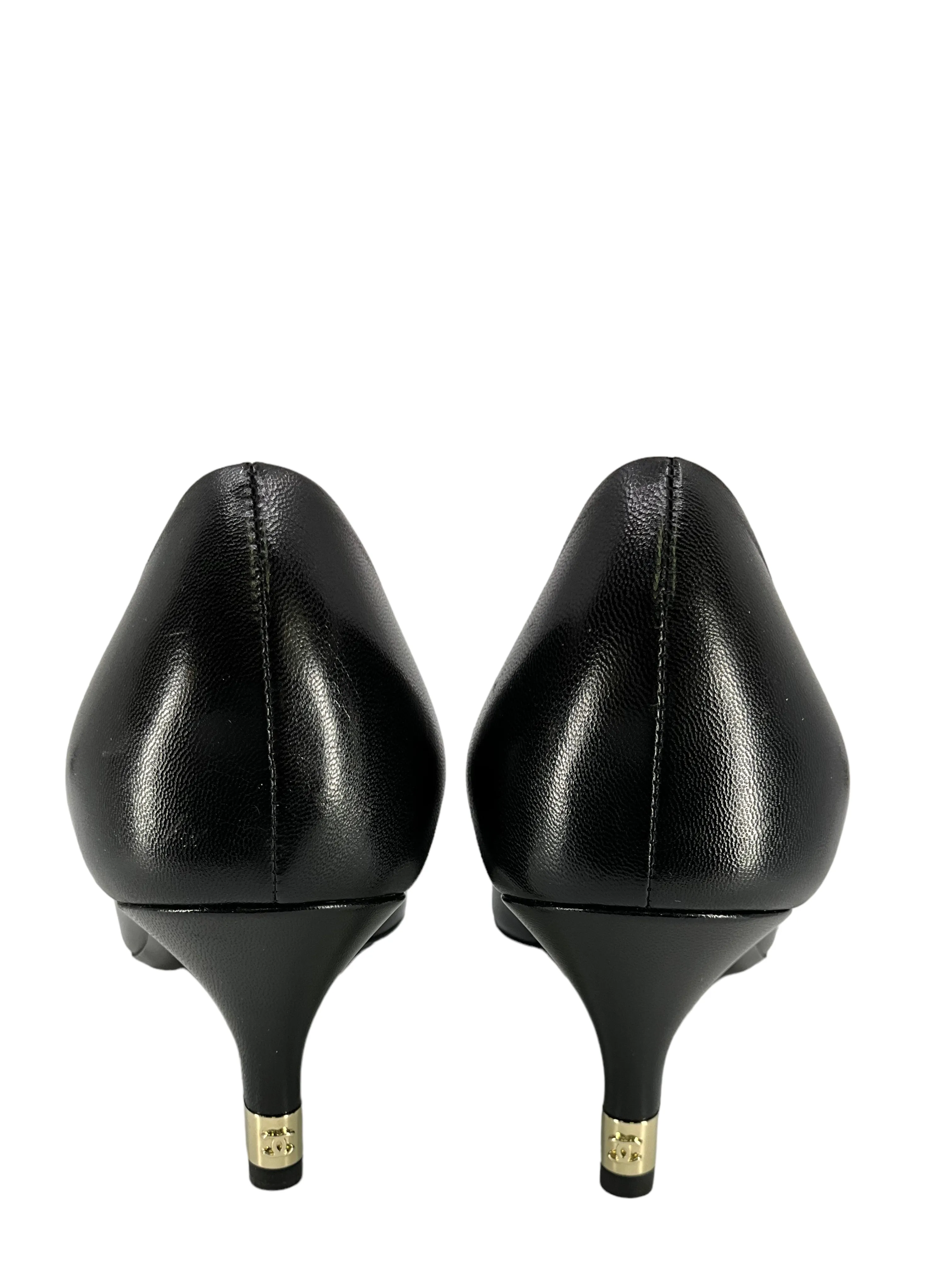 CHANEL Leather Cap Toe CC Logo Pearl Heel Pumps Size 6.5