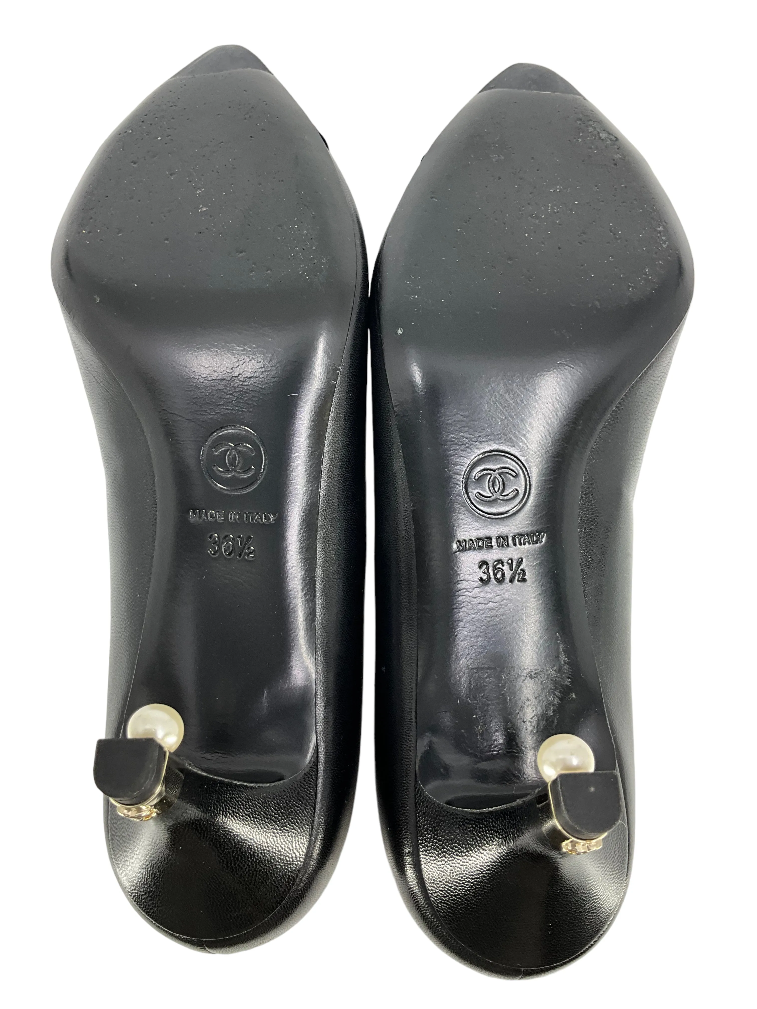 CHANEL Leather Cap Toe CC Logo Pearl Heel Pumps Size 6.5