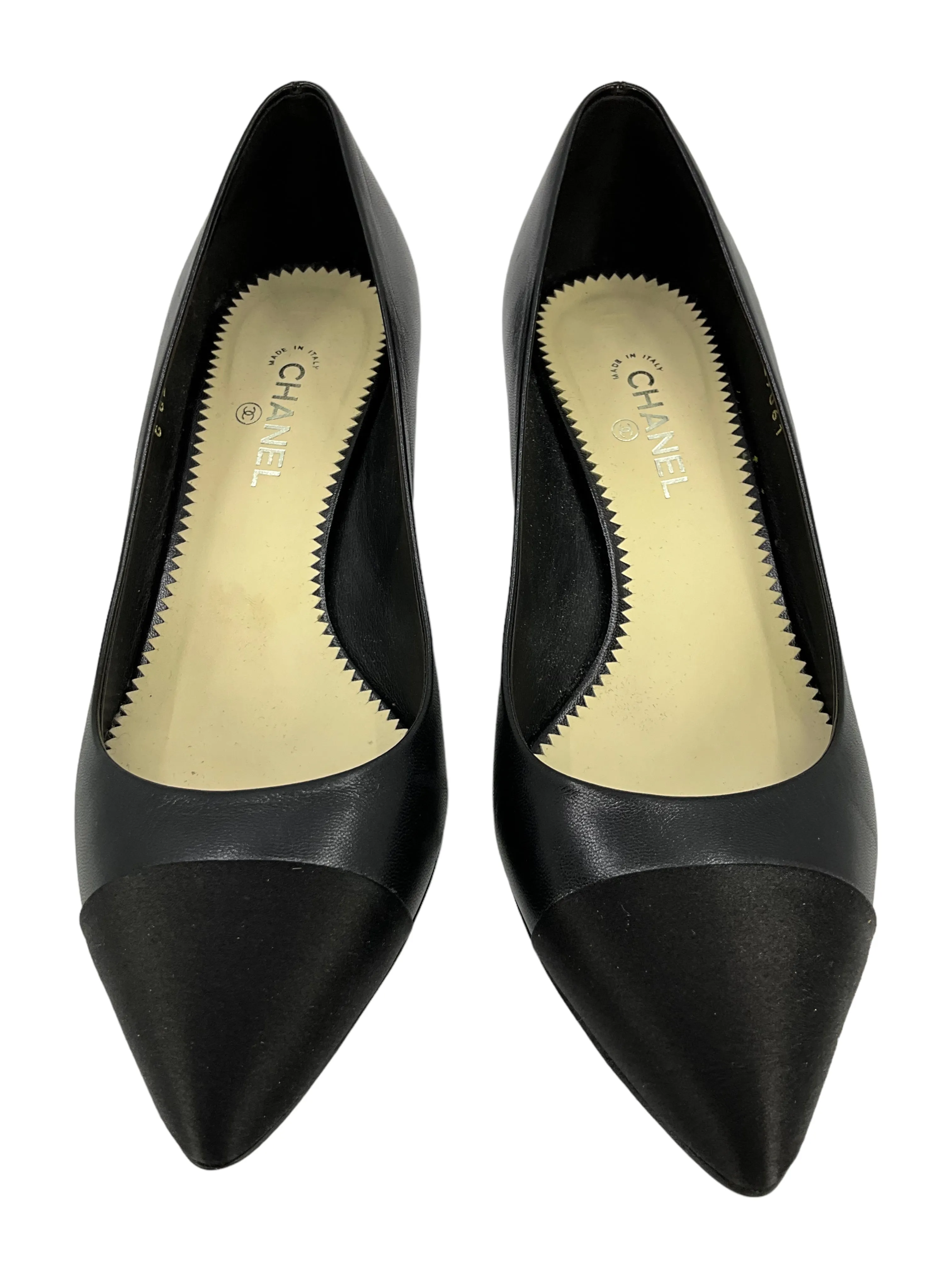CHANEL Leather Cap Toe CC Logo Pearl Heel Pumps Size 6.5