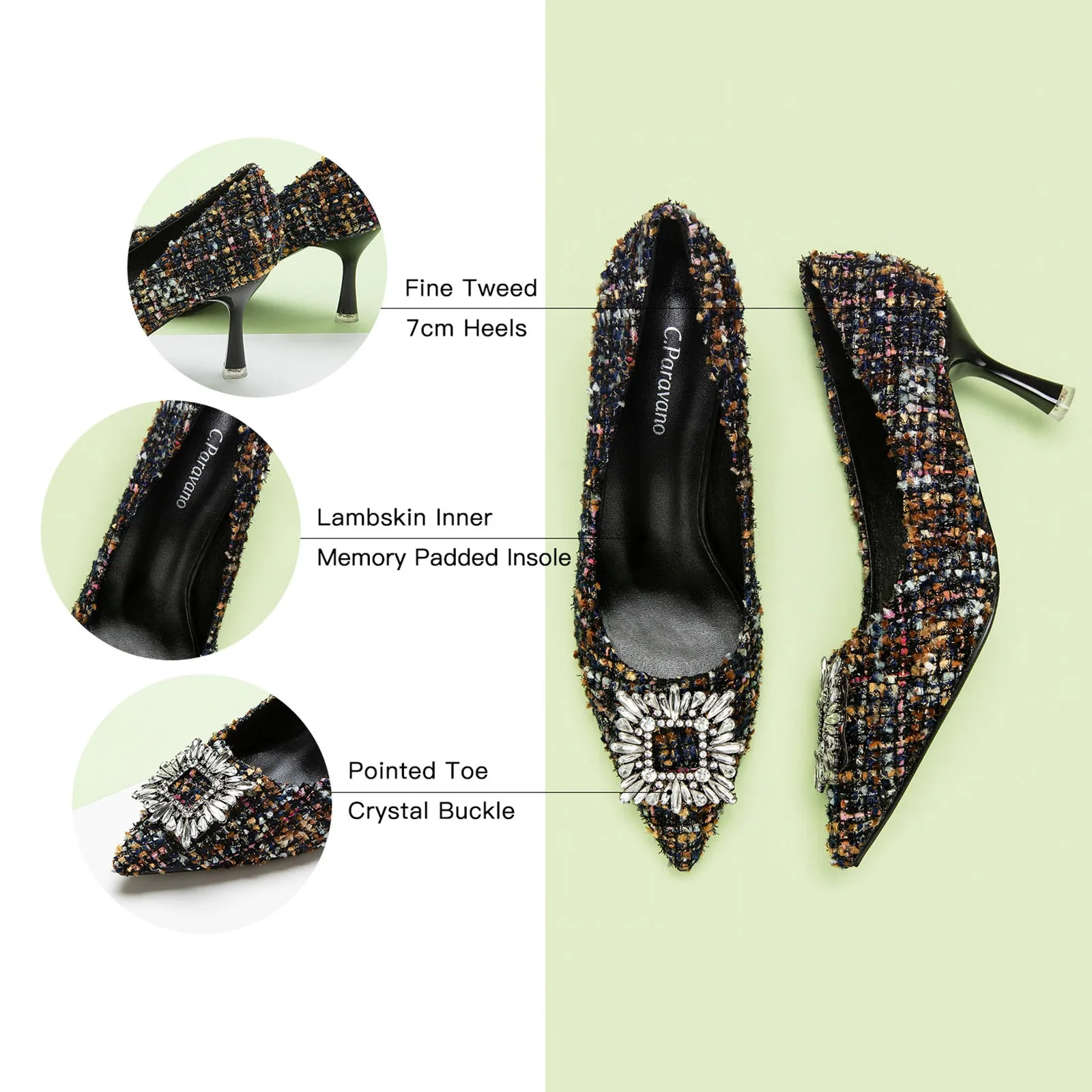 Crystal Buckle Tweed Pumps (Olivia) Multi Color