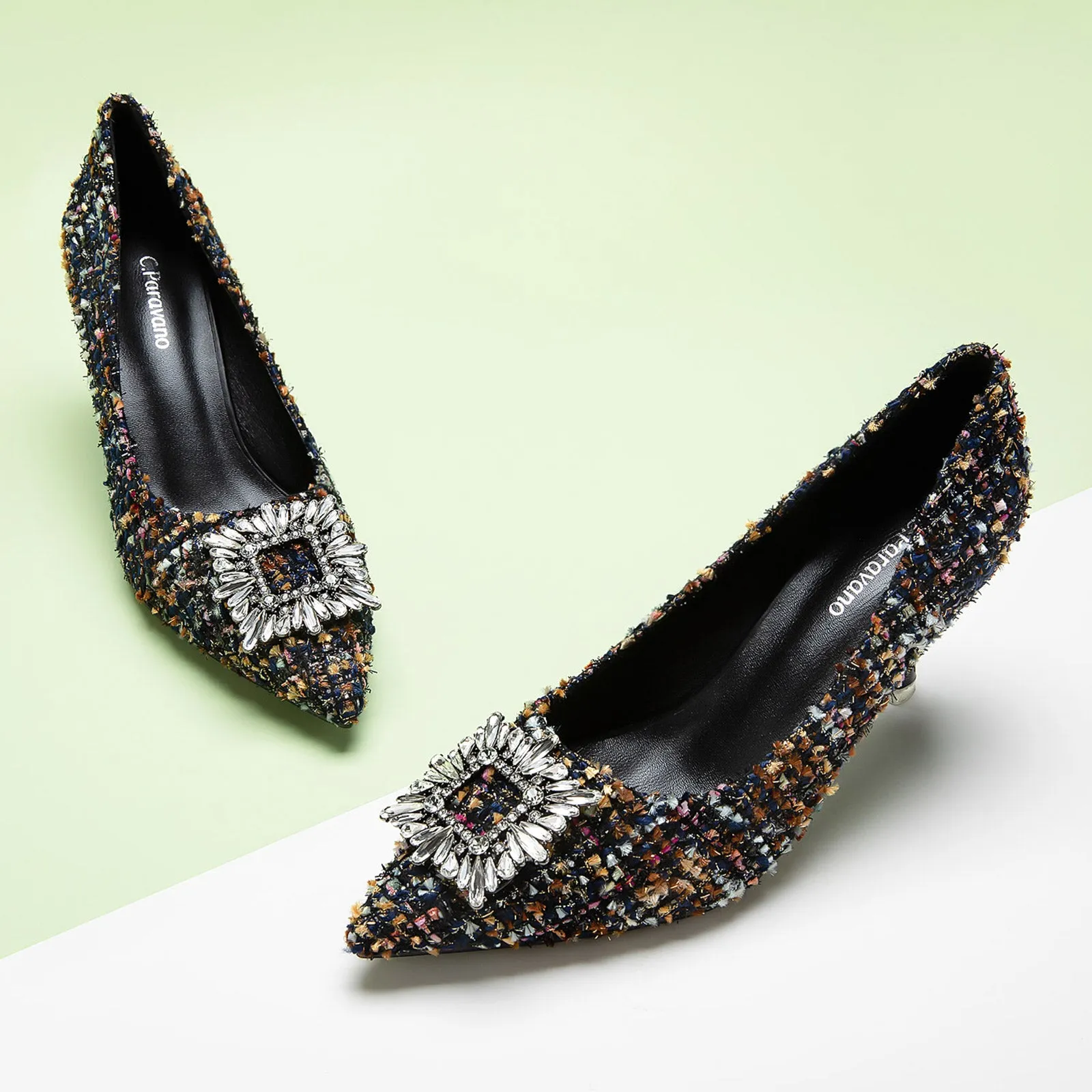 Crystal Buckle Tweed Pumps (Olivia) Multi Color