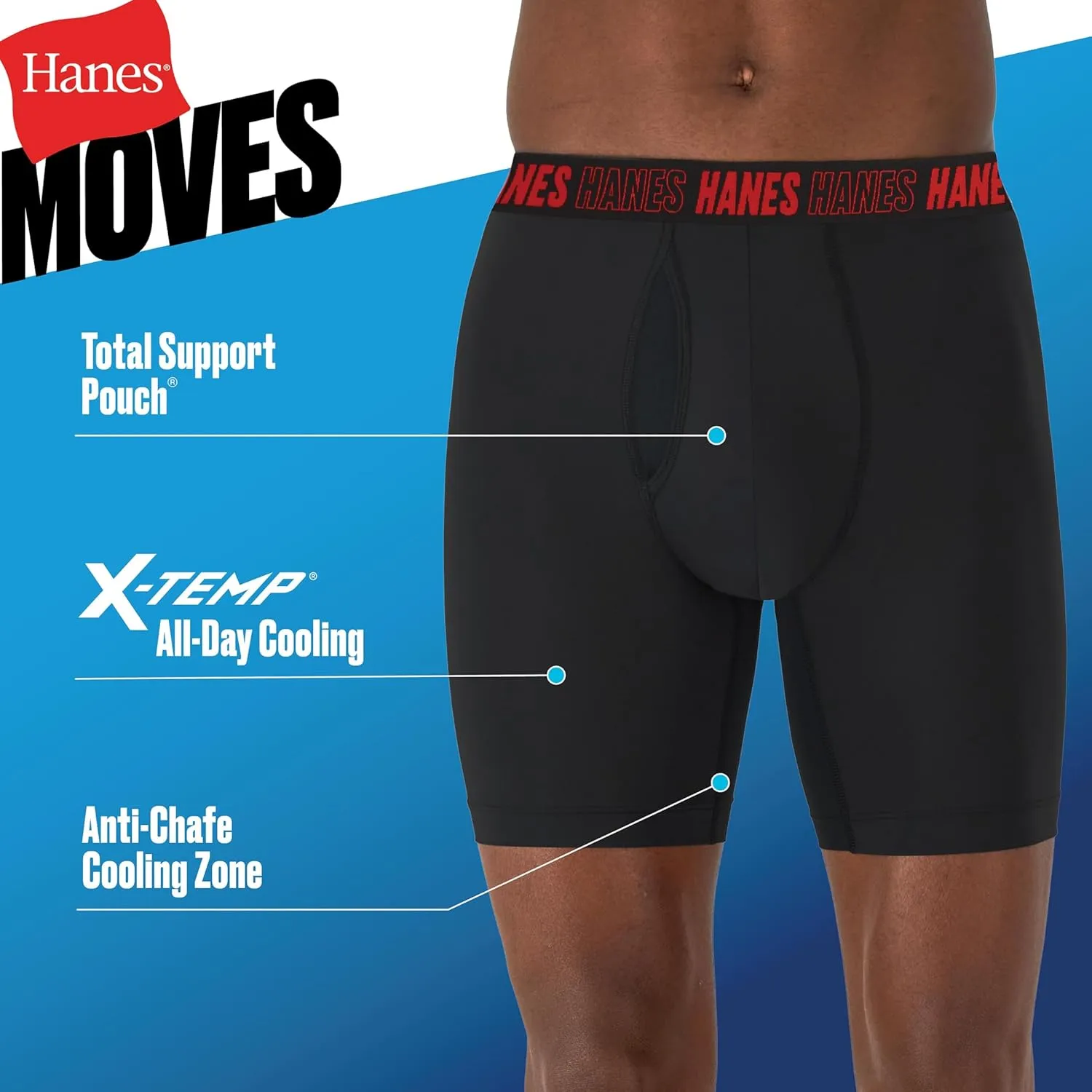 Hanes Men's Moves Performance Boxer Brief, Total Support Pouch, Regular/Trunk/Long Leg, 3-Pack, 8"