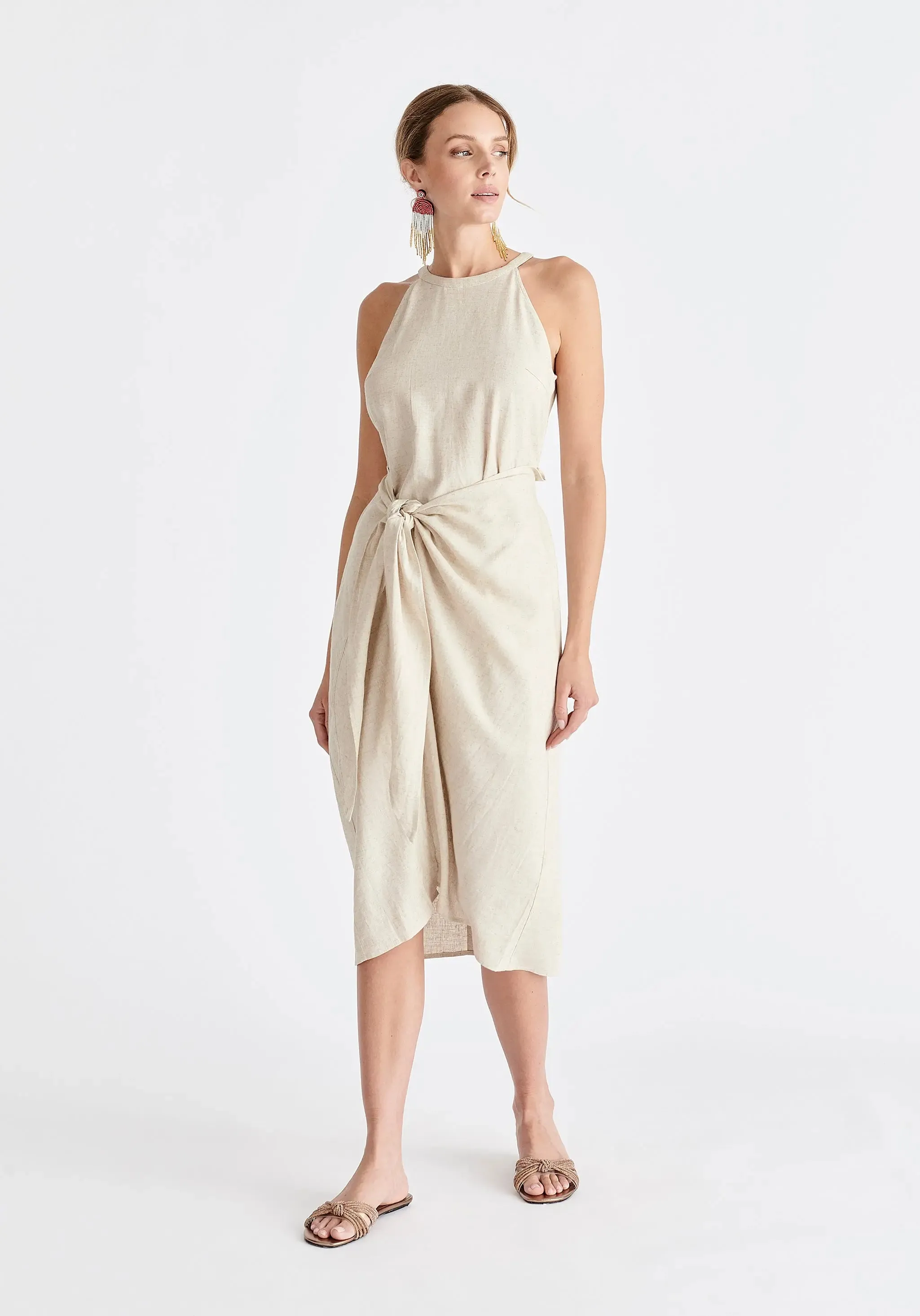 Oatmeal Linen Blend Waist Tie Dress