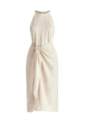 Oatmeal Linen Blend Waist Tie Dress