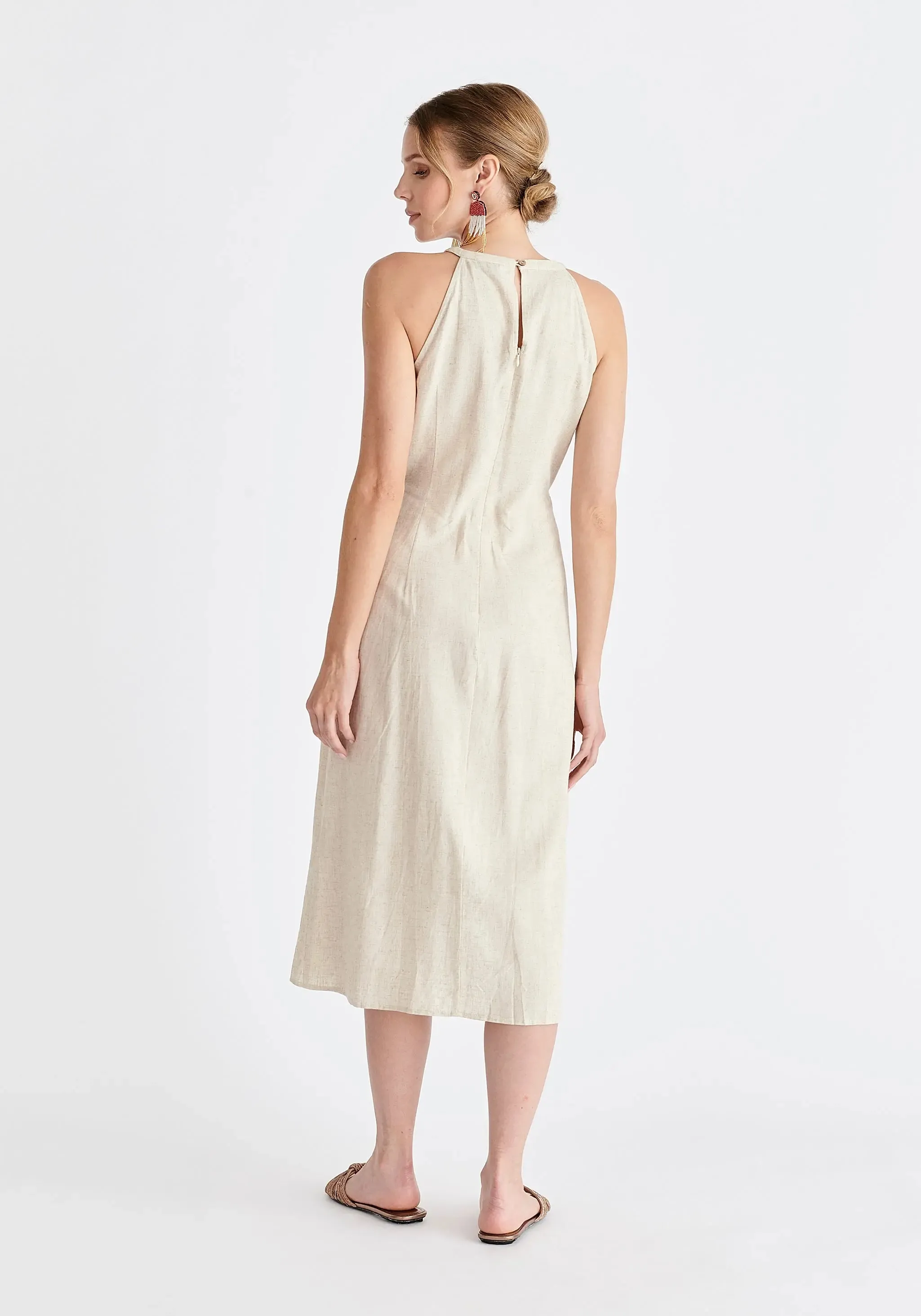 Oatmeal Linen Blend Waist Tie Dress