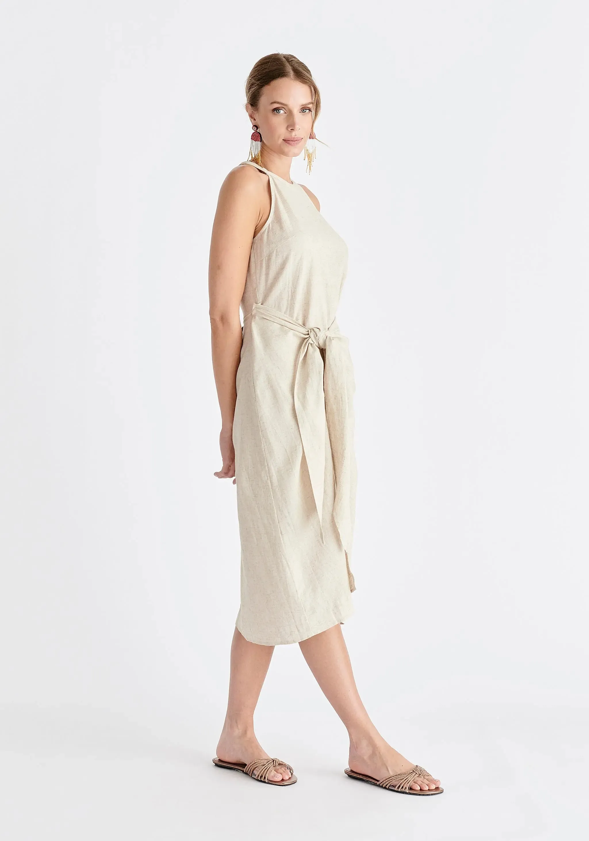 Oatmeal Linen Blend Waist Tie Dress