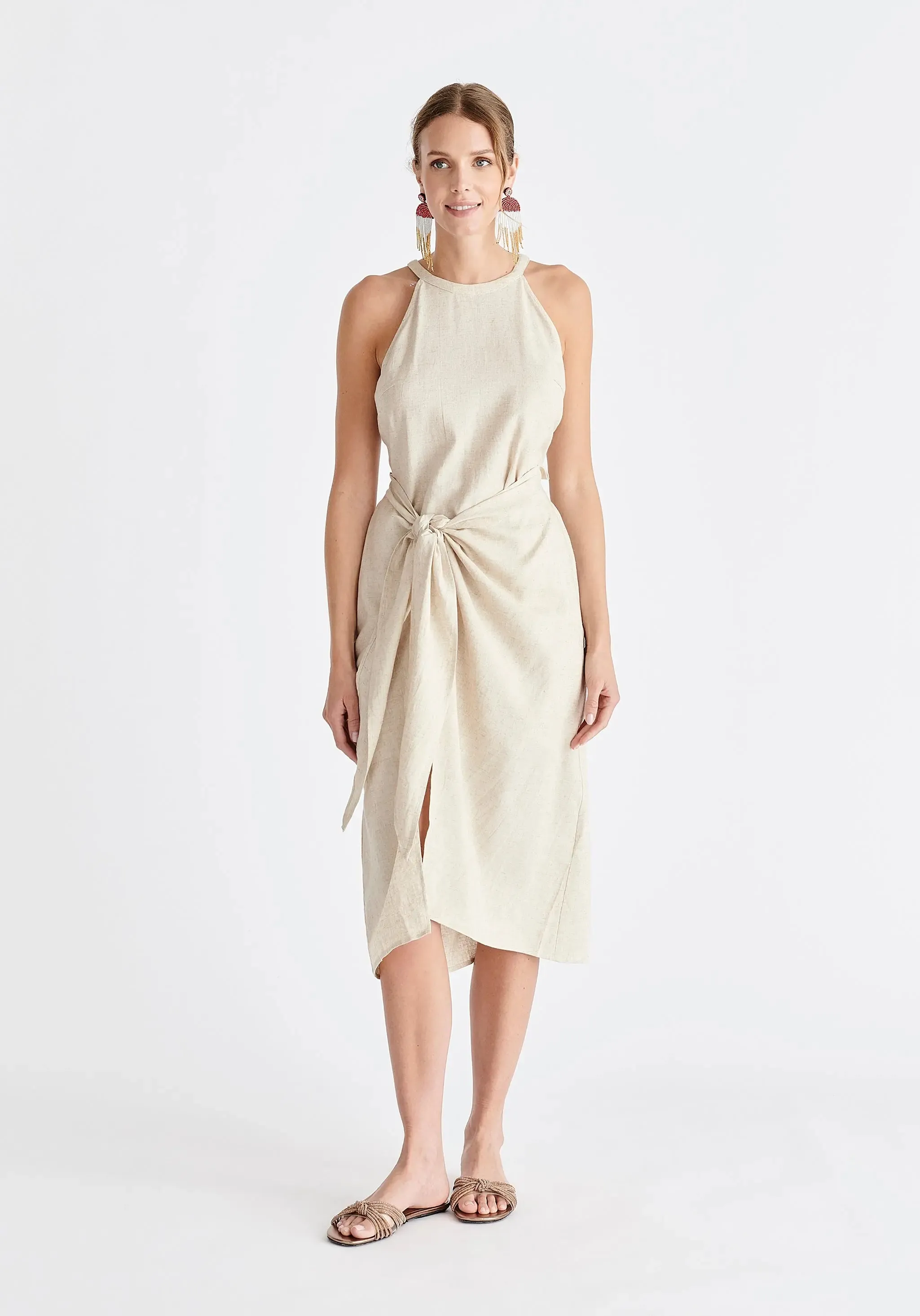 Oatmeal Linen Blend Waist Tie Dress