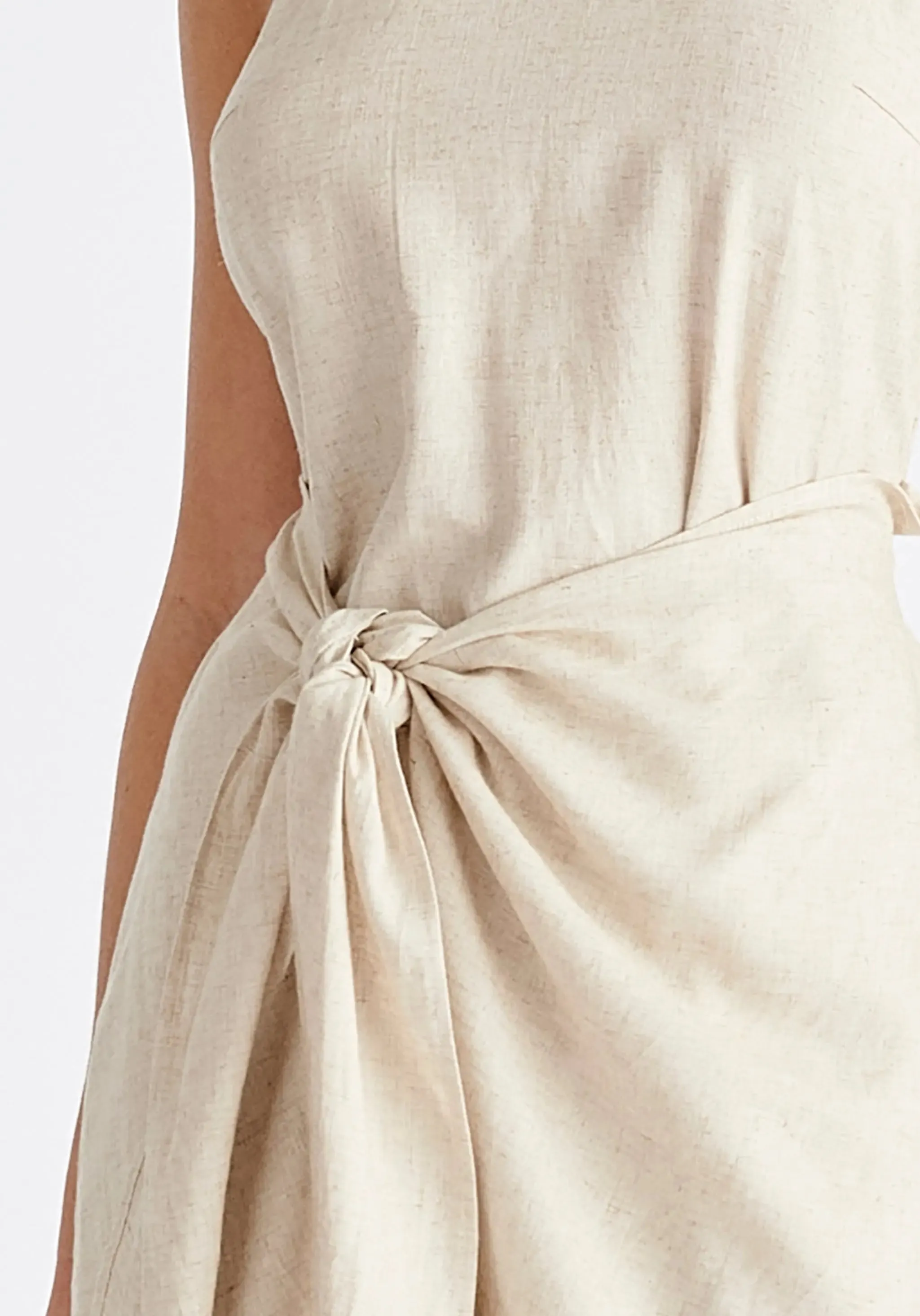 Oatmeal Linen Blend Waist Tie Dress