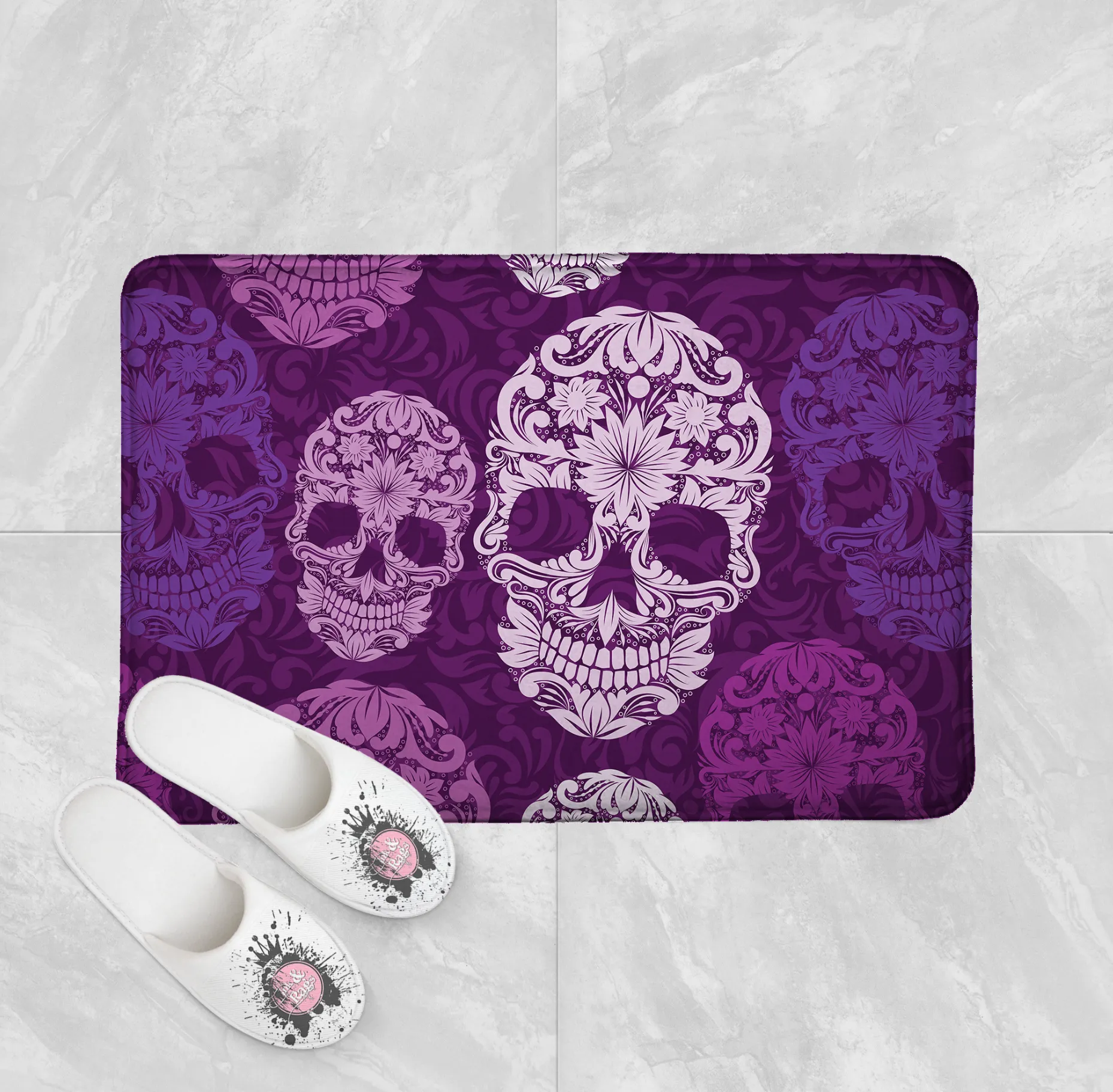 Purple Scroll Skull Shower Curtains and Optional Bath Mats