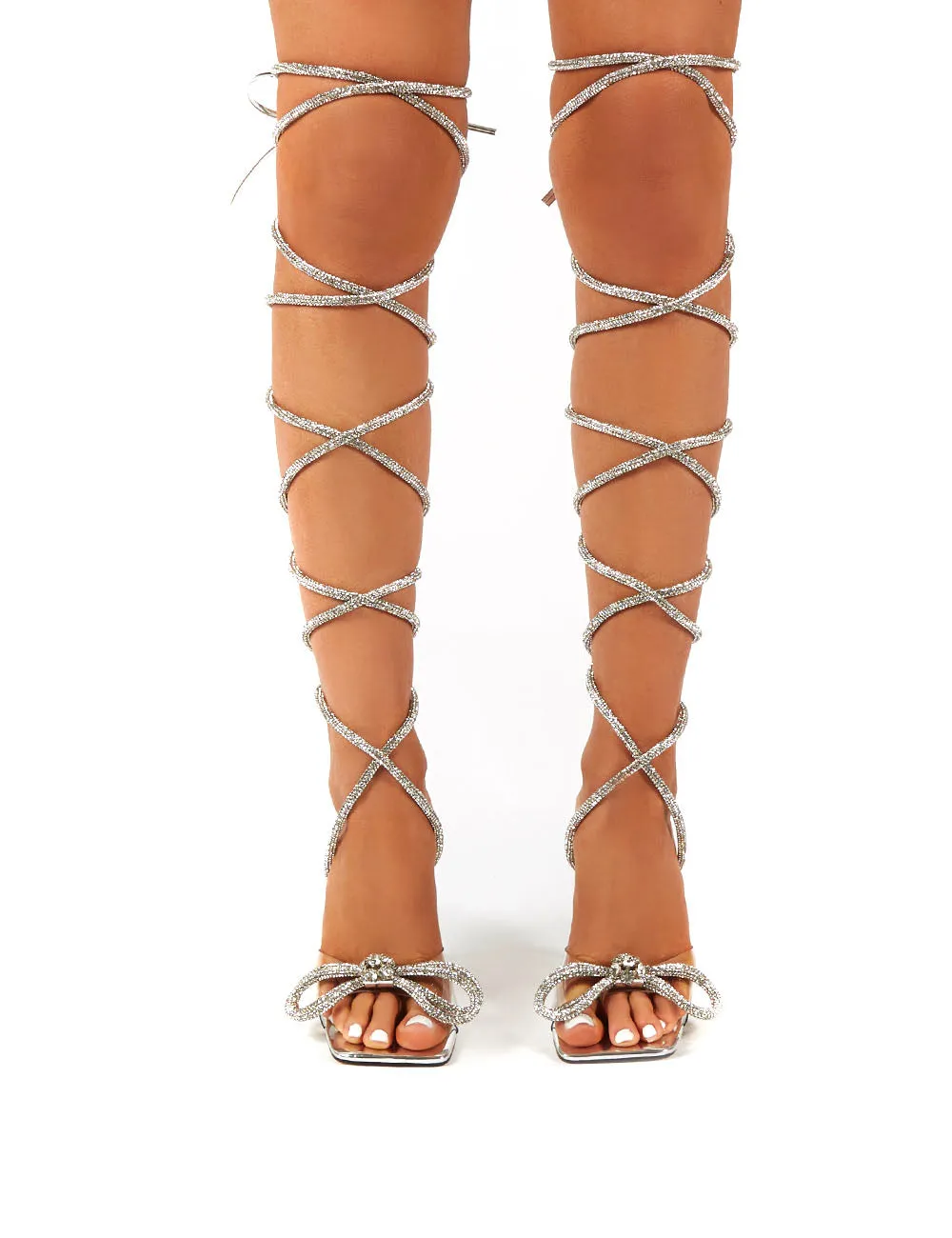 Queenie Silver Lace up Diamante Bow Square Toe Heels