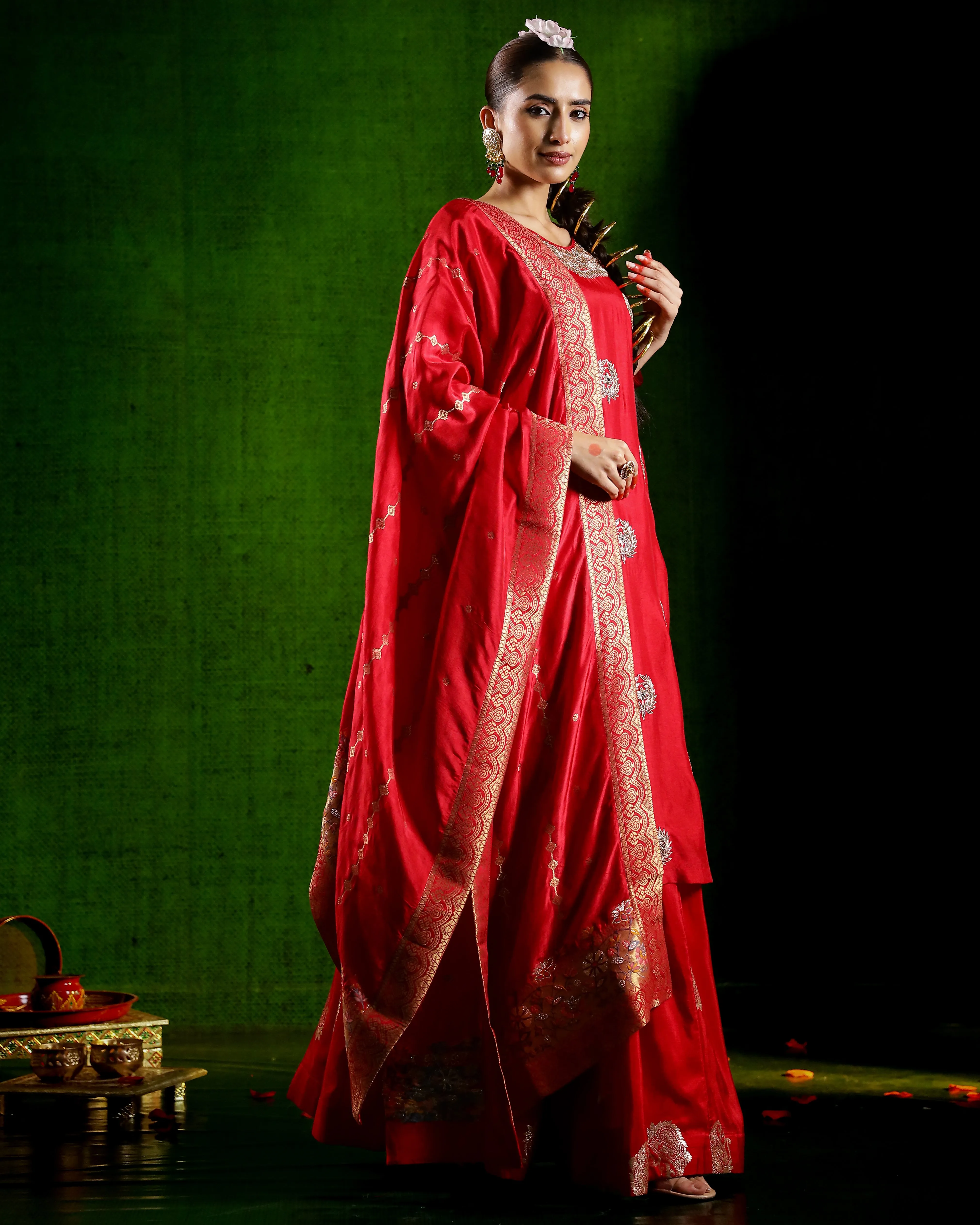 Red Embellished Italian Brocade Silk Skirt Set