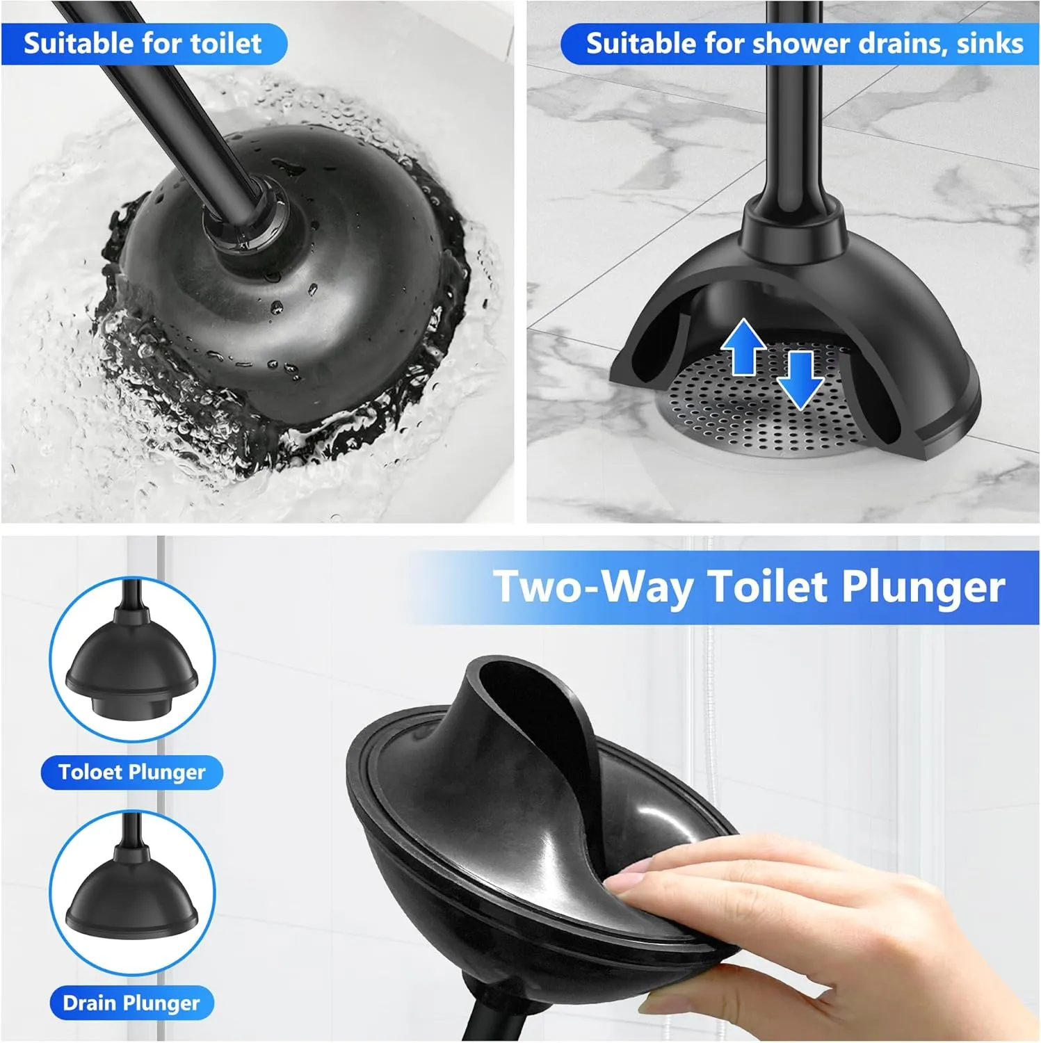 Toilet Plunger with Holder, Plunger with Unique Holder for 5.7-inch Toilet Drain, Plungers for Bathroom with Holder, Toilet Plunger Heavy Duty (2, Black)