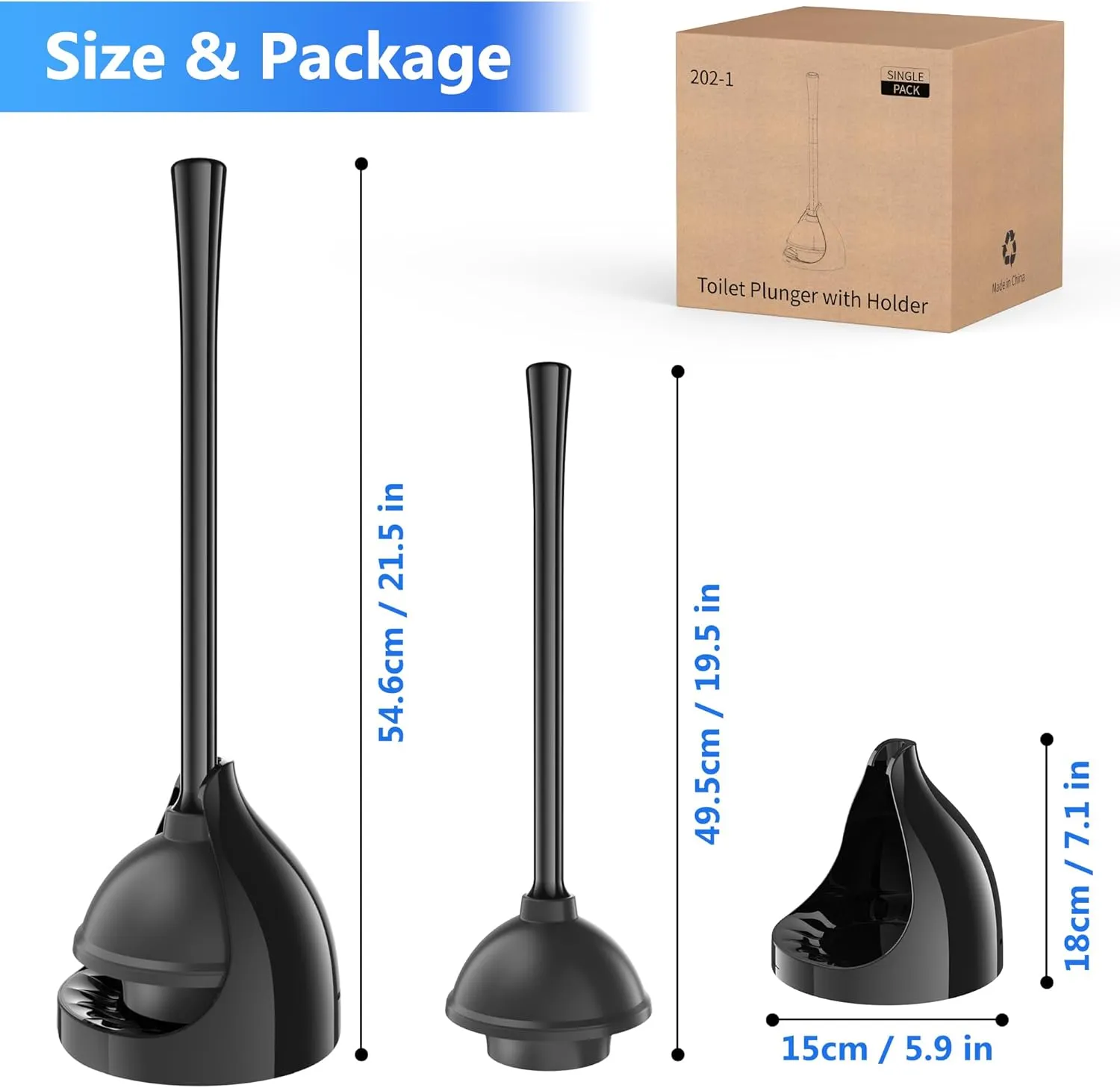 Toilet Plunger with Holder, Plunger with Unique Holder for 5.7-inch Toilet Drain, Plungers for Bathroom with Holder, Toilet Plunger Heavy Duty (2, Black)
